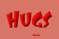 the word hugs written in red on a pink background