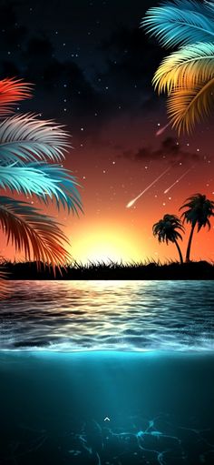 a painting of palm trees and the ocean at night