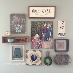 the wall is filled with family pictures and other things to put on it's wall