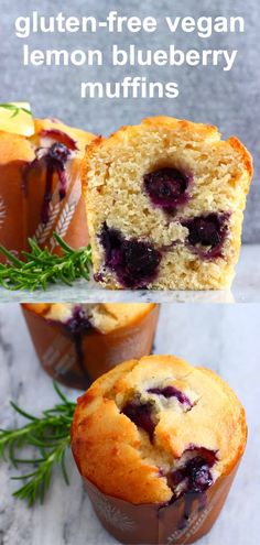 blueberry muffins are cut in half and stacked on top of each other