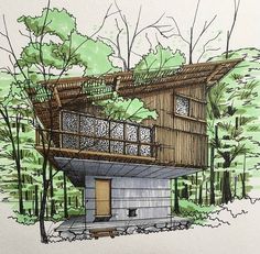 a drawing of a house in the woods