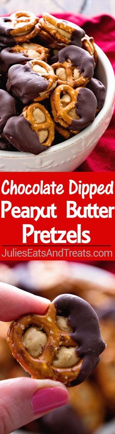 chocolate dipped peanut butter pretzels on a white platter with text overlay