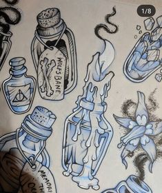 a drawing of some bottles and other items on a table with the caption's below it