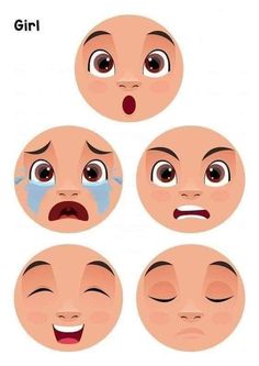 four different facial expressions with one crying, the other frowning and another looking at something