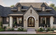 this is an artist's rendering of the front elevation of a house with stone and brick accents