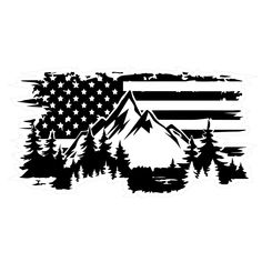 an american flag with mountains and trees in the foreground, on a white background