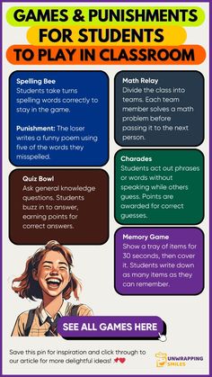 a poster with words and pictures on it that says games & punishments for students to play in classroom