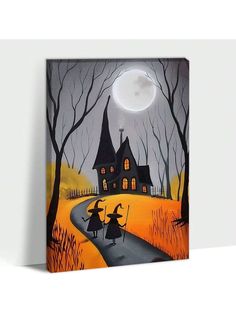 a painting of two witches on a road in front of a house with a full moon