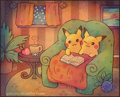 two pikachu sitting on a chair reading a book