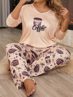 Style:Casual-Young \nDetails:Pocket \nColor:Apricot \nPattern Type:Cartoon \nPattern Type:Letter \nType:Pant Sets \nSleeve Type:Regular Sleeve \nFit Type:Loose \nNumber of Pieces:2 Piece Set \nWaist Line:Natural \nNeckline:Round Neck \nFabric:Slight Stretch \nCare Instructions:Machine wash, do not dry clean,wash with the soft detergent \nSheer:No \n Pyjama Set Aesthetic, Women Pjs, Coffee Letter, Woman Cartoon, Matching Outfits Best Friend, Pajama Fashion, Loungewear Outfits, Plus Size Pajamas, Sleep Wear