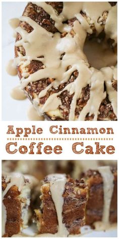 an apple cinnamon coffee cake with icing on top and the words, apple cinnamon coffee cake