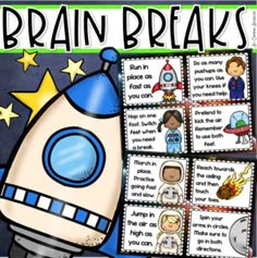 a printable poster with the words brain breaks on it and an image of a rocket ship