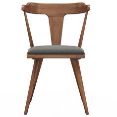 a wooden chair with grey fabric seat pad and backrest, viewed from the front