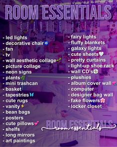 the room essentials list is shown in purple and pink colors, including bed sheets, pillows