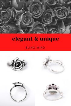 Luxury needs understatement. Retro metal treatment gives this silver rose flower ring vintage style. It is suitable for elegant style. Size 6, 7, 8, 9 and 10 for different finger size. #fashion #jewelry #silver #rose #vintage #ring #elegant Flower Retro, Ring Elegant, Retro Ring, Rose Vintage