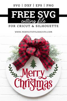 a merry christmas sign with a bow hanging on the side of a brick wall and text that reads free svg cutting files for cricut & silhouette