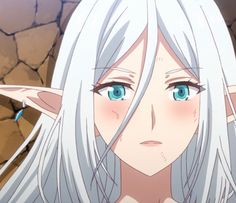 an anime character with long white hair and blue eyes looking at the camera while standing in front of a stone wall