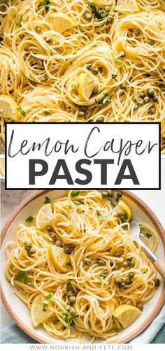 lemon caper pasta in a white bowl with text overlay