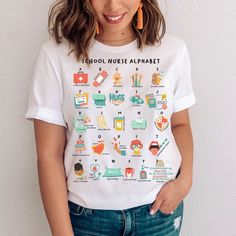 a woman wearing a t - shirt with the words school nurse alphabet printed on it