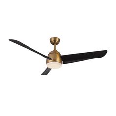 a gold ceiling fan with black blades and a light on the top, against a white background