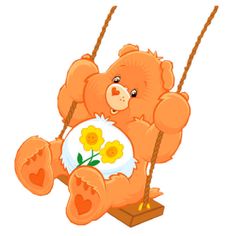 a teddy bear sitting on a swing with flowers in it's mouth and holding onto the strings