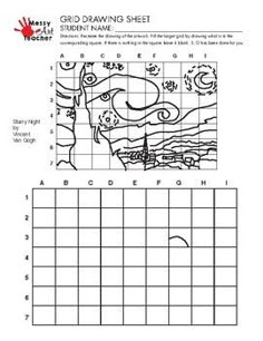 the grid drawing sheet for children's art project, with an image of a tree and