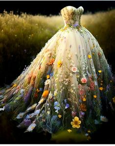 a dress made out of flowers is shown in the middle of a grassy field with long grass