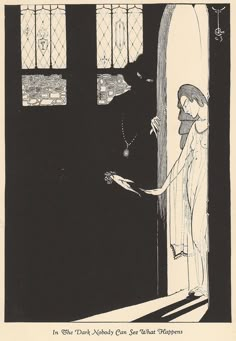 an old black and white drawing of a woman opening a door to another room with stained glass windows