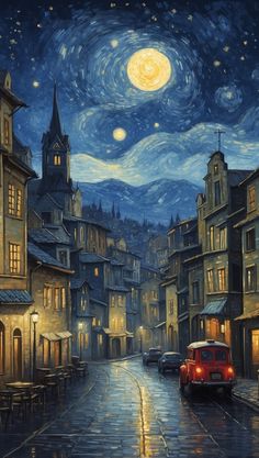 a painting of a city street at night with cars parked on the road and stars in the sky