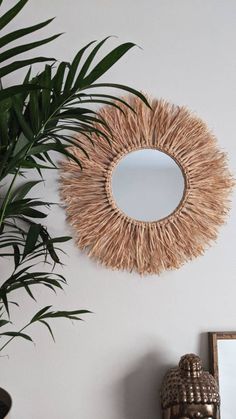 a mirror hanging on the wall next to a potted palm tree and a plant