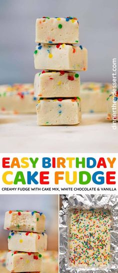 easy birthday cake fudge recipe made with cake mix, white chocolate and vanilla frosting