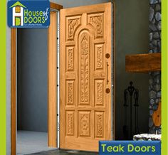 a wooden door with the words teak doors on it