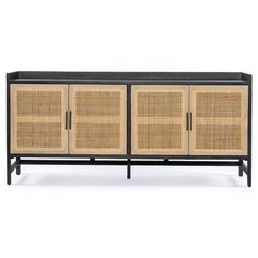 the sideboard is made from rattan and black metal