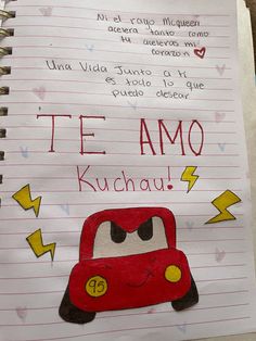 a handwritten note with an image of a car on it and the words te amo kuchau written in spanish