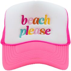 Dive into beach vibes with our beach please foam trucker hat! Featuring the playful and colorful italics "beach please" on a trendy foam hat, this accessory is the epitome of beachside chic. Foam hats are riding the wave of trendiness, making this hat a must-have for any fashion-forward collection. Crafted for those seeking a splash of style, this foam trucker hat is the ideal choice for beachgoers and trendsetters alike. Whether lounging under the sun or strolling the boardwalk, its foam constr Cheap Beach Hats With Embroidered Logo, Cheap Pink Trucker Hat For Beach, Fun Multicolor Trucker Hat For Beach, White Snapback Trucker Hat For Beach, White Trucker Hat For Beach Season, Novelty Summer Beach Baseball Cap, Novelty Summer Baseball Cap For Beach, White Summer Baseball Cap For Beach Season, Summer White Baseball Cap For Beach Season