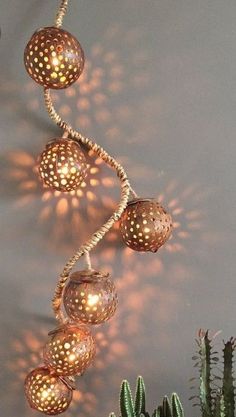 some lights that are hanging on a wall next to cactuses and cacti