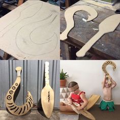 three different pictures with various items made out of wood, including a man sitting on a surfboard