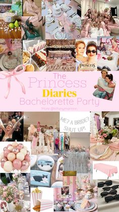 the princess diaries bachelor party collage with pink and white decorations, balloons, plates, cake