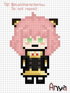 the pixel art is designed to look like an anime character with pink hair and green eyes