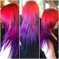 This is actually almost exactly what I'm planning on! just a little more purple going a little higher Red And Purple Hair, Hair Color Red Ombre, Red Violet Hair, Ombre Nail Art, Sunset Hair, Red Ombre Hair, Brown Ombre Hair, Art Hair