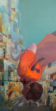 a painting of a man bending over in the middle of a city with lots of buildings