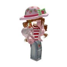 the girl is wearing a pink hat and holding a bag with strawberries on it