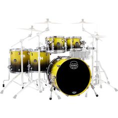 a yellow drum set with black hardware and white drums on the bottom, against a white background