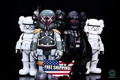 star wars action figures are lined up against a black background with the free shipping sign