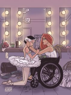 a woman sitting in a wheelchair next to a man who is dressed up as a ballerina