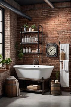 Textured industrial bathroom with mixed materials Brick Tiles Bathroom, Brick Bathroom, Stylish Wall Decor, Flat Interior, Brick Tiles, Metal Accents, Flooring Options, Bathroom Wall Decor