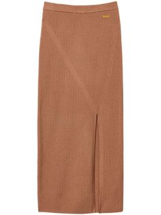 caramel brown ribbed knit appliqué logo high-waisted side slit mid-length straight hem Midi Skirt Brown, Knit Midi Skirt, Yoko London, City Dress, Caramel Brown, Straight Skirt, Summer Beach Wear, Knit Midi, Lady Dior