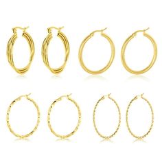 This stunning collection of hoop earrings offers a variety of textures and styles, each designed to add a touch of elegance and sophistication to any ensemble. Featuring six pairs of hoops, this set includes options ranging from sleek, smooth finishes to intricately textured patterns and twisted designs, providing versatility and style for every occasion. The vibrant yellow tone of each pair enhances their visual appeal, making them a perfect match for both casual and formal outfits. Each hoop i Yellow Tone, Formal Outfits, Hoop Earring Sets, Yellow Tones, Earrings Set, Perfect Match, Earring Set, Womens Watches, Thoughtful Gifts