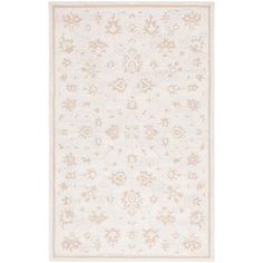 a beige and white rug with flowers on the bottom, in front of a white background