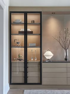 an empty living room with glass doors and shelves